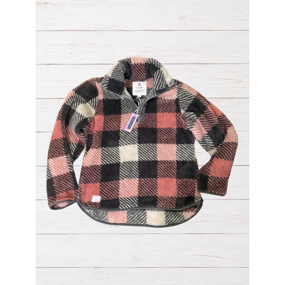 Simply Southern Buffalo Plaid Sherpa Fleece Quarter Zip Pullover Pink Small NWT
